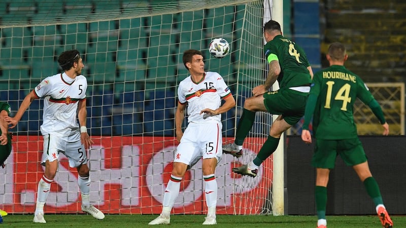 Shane Duffy heads home Ireland’s equaliser against Bulgaria in Sofia. Photograph: Vassil Donev/EPA