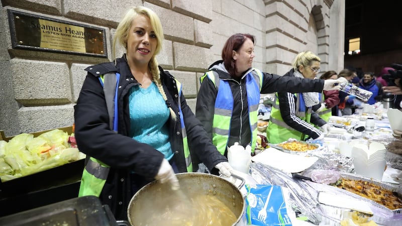 Keira Gill (left) from Coolock in north Dublin who set up The Lending Hand, a soup kitchen feeding up 300 people every Monday evening on College Green in Dublin city centre. Photograph: Niall Carson/PA Wire