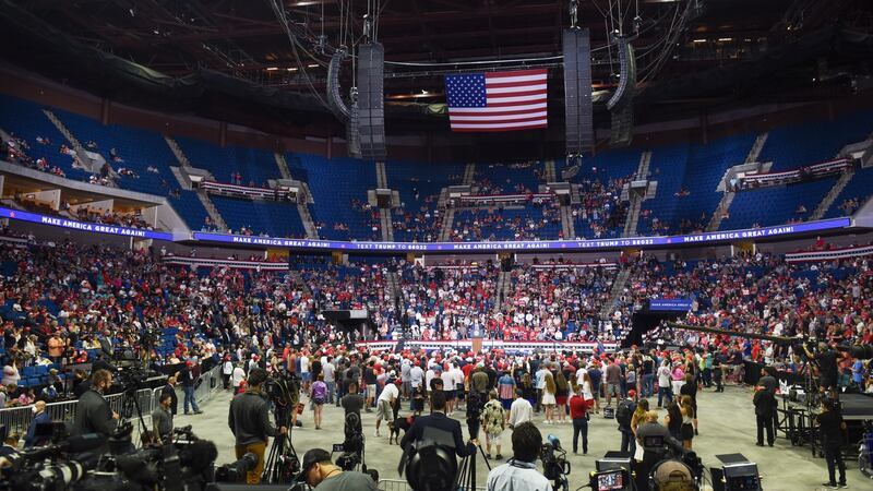 Donald Trump speaks to a half-full arena during a rally in Tulsa, Oklahoma. Photograph: Albert Halim/EPA.
