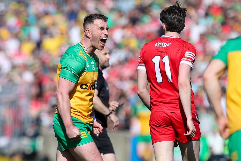 Donegal's Patrick McBrearty celebrates a score at MacCumhaill Park on Sunday. Photograph: Lorcan Doherty/Inpho