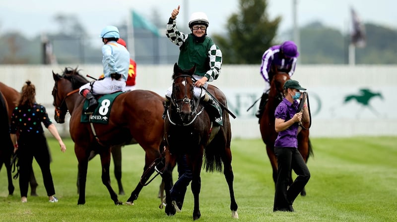 Shane Foley celebrates Lucky Vega’s Group One win at the Curragh. Photograph: Ryan Byrne/Inpho