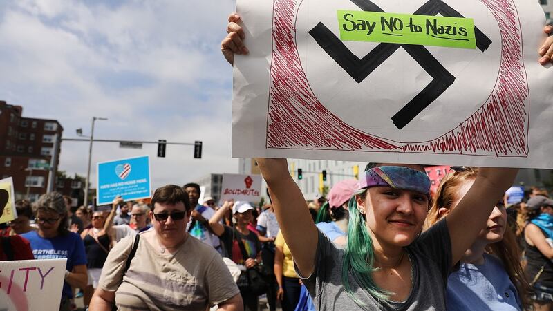 Thousands of protesters march in Boston against a planned ‘Free Speech Rally’ just one week after the violent ‘Unite the Right’ rally in Virginia left one woman dead and dozens more injured. Photograph: Spencer Platt/Getty Images
