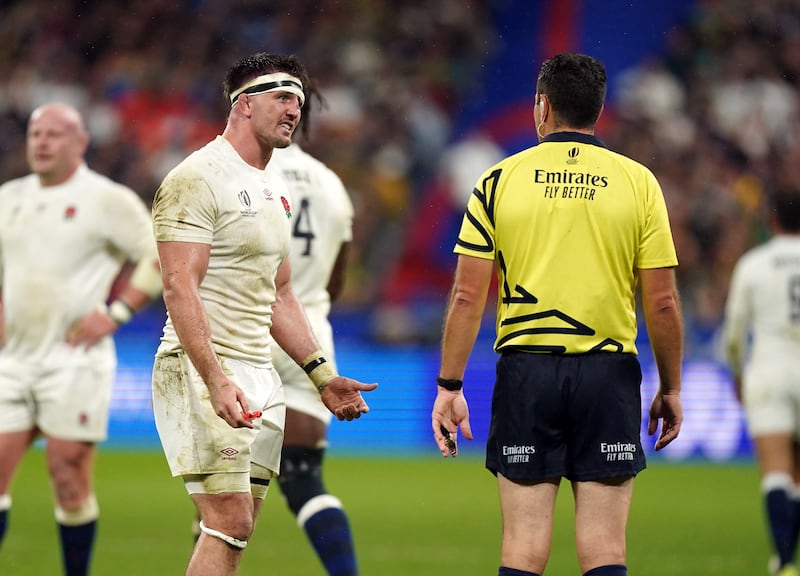 England's Tom Curry speaks to referee Ben O’Keeffe during the Rugby World Cup semi final. Photograph: Mike Egerton/PA Wire