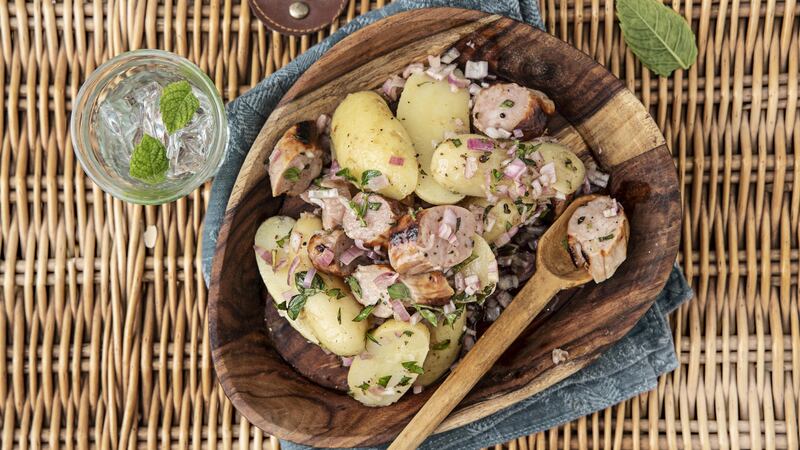 Potato , shallot and sausage salad. Photograph: Harry Weir Photography