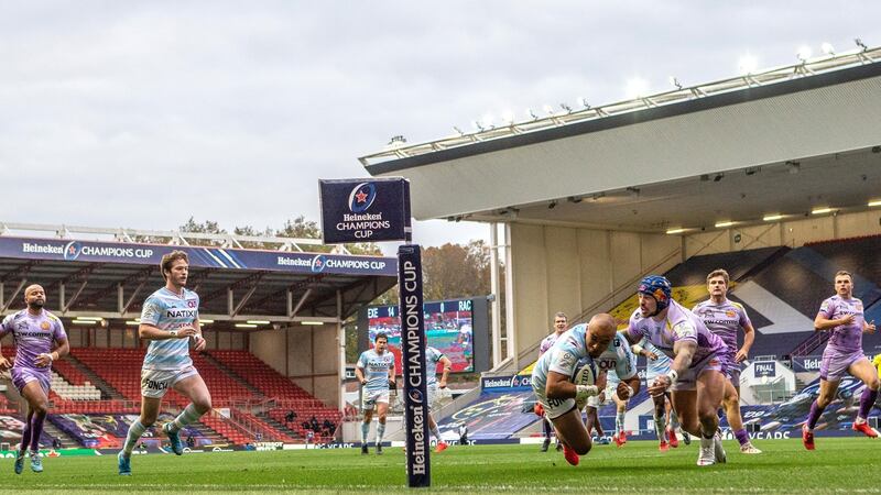 Simon Zebo dives to score his first try in the Champions Cup final. Photograph: James Crombie/Inpho