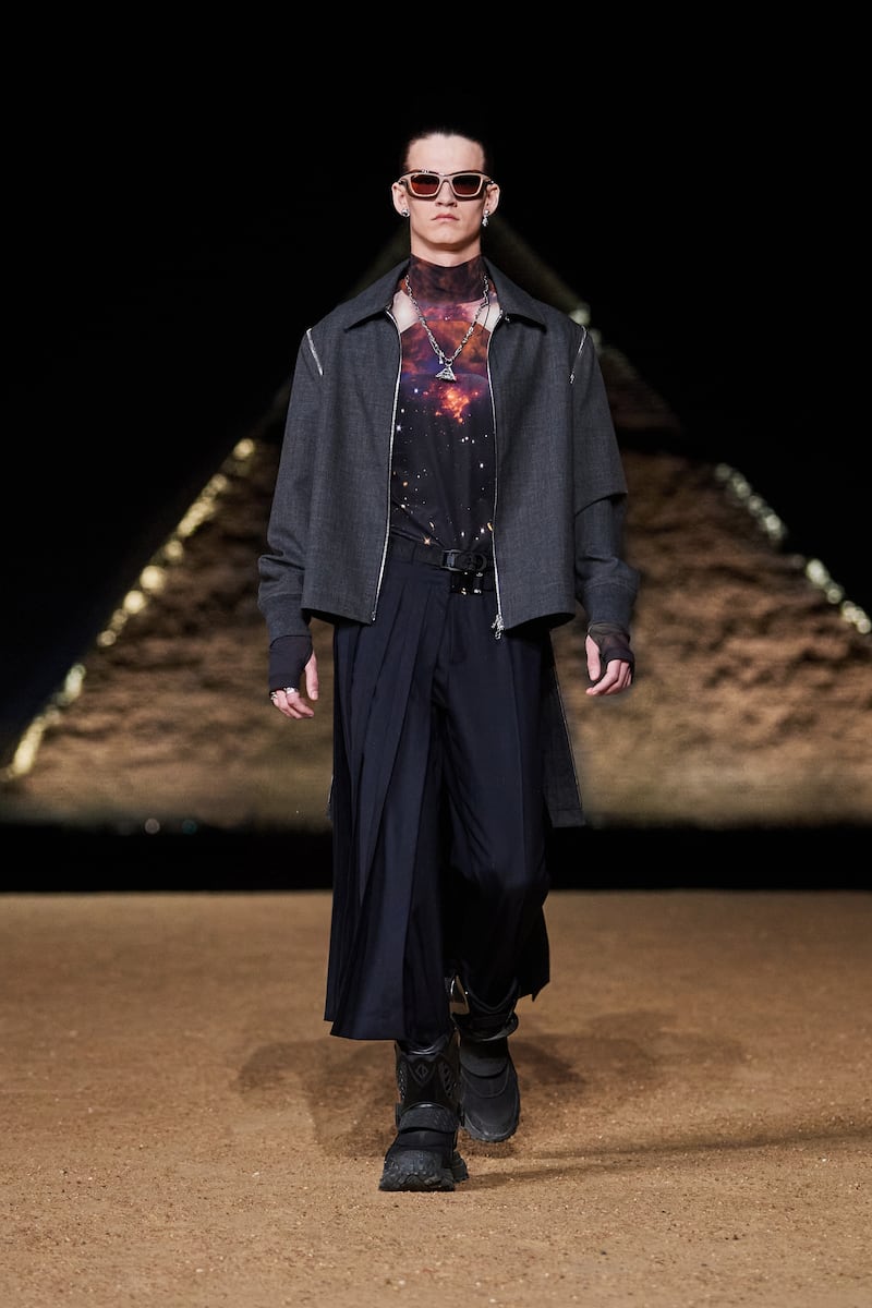 Sonny Drummond modelling during Dior's fashion show at the Great Pyramid of Giza