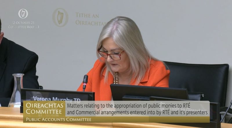 PAC hearings: Verona Murphy TD questions RTÉ director general Kevin Bakhurst. Screengrab: Oireachtas TV