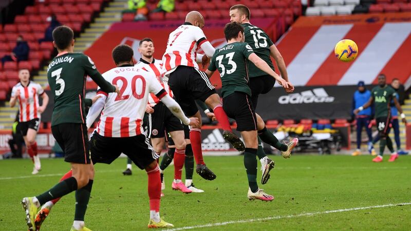 David McGoldrick heads home  Sheffield United’s goal during the Premier League match against Tottenham Hotspur at Bramall Lane. Photograph: Stu Forster/Getty Images