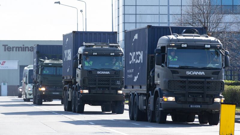 Trucks carrying the cargo of personal protective equipment (PPE) leaving Dublin Airport on Sunday. Photograph: Tom Honan/The Irish Times