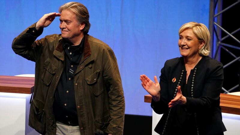 Marine Le Pen, the National Front leader, and former White House strategist Steve Bannon at the party’s convention in Lille, France on Saturday. Photograph: Pascal Rossignol/Reuters.