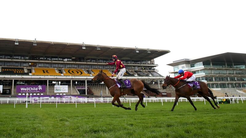 Jack Kennedy celebrates after crossing the line on  Minella Indo to win the Cheltenham Gold Cup. Photograph:  Michael Steele/Getty Images