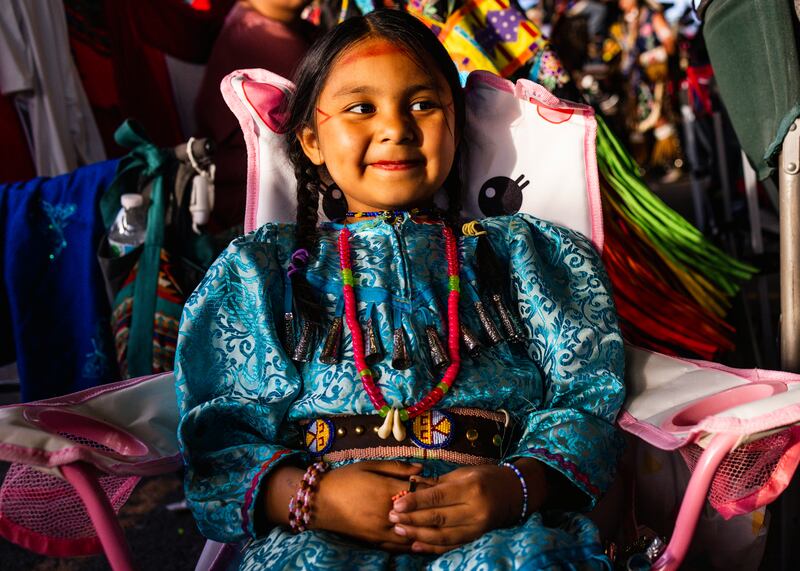Dance competitor Emberly Flat Lip at the 122nd annual Arlee Celebration powwow. Photograph: Tailyr Irvine/The New York Times