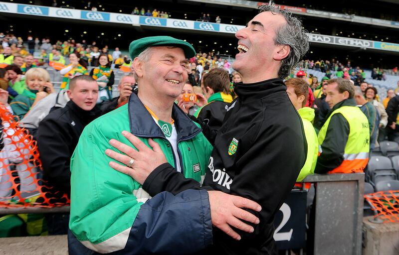 Brian McEniff and Jim McGuinness at the 2012 All-Ireland final, when Donegal defeated Mayo. Photograph: James Crombie/Inpho