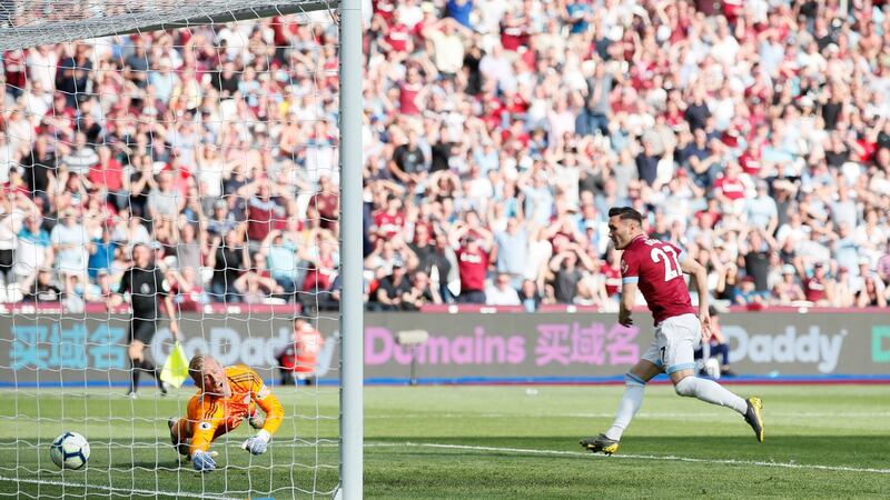 West Ham’s Lucas Perez scores their second goal. Photo: David Klein/Reuters
