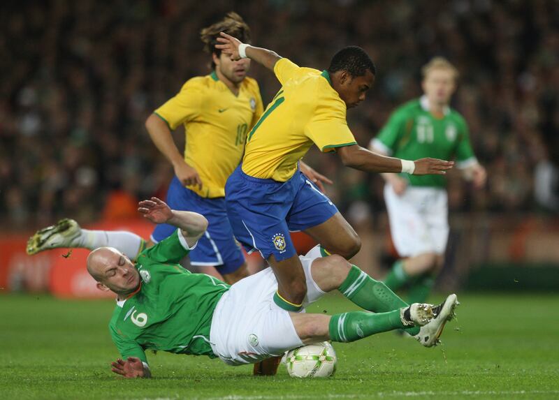 Lee Carsley in action for the Republic of Ireland against Brazil's Robson Souza during the friendly international clash at Croke Park in 2008. Photograph: Laurence Griffiths/Getty Images