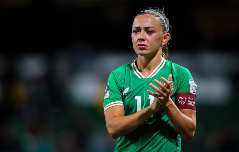 Ireland’s Katie McCabe dejected after the game. Photograph: Ryan Byrne/Inpho 