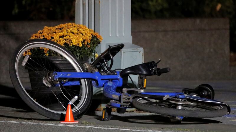A bicycle lies in the bicycle lane on the West Side Highway in Manhattan, following a pickup truck attack on Tuesday. Photograph: Andrew Kelly/Reuters