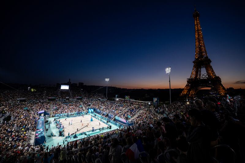 Spectators watch a women's Olympic volleyball match between USA and Czech Republic in Paris during the Paris. Photograph: Luis Tato/AFP via Getty Images