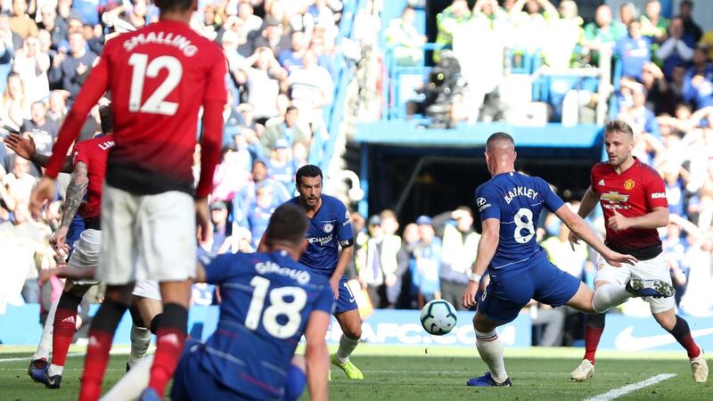 Chelsea’s Ross Barkley fires home a late equaliser against Manchester United in the Premier League game at Stamford Bridge. Photograph:  Daniel Leal-Olivas/AFP/Getty Images