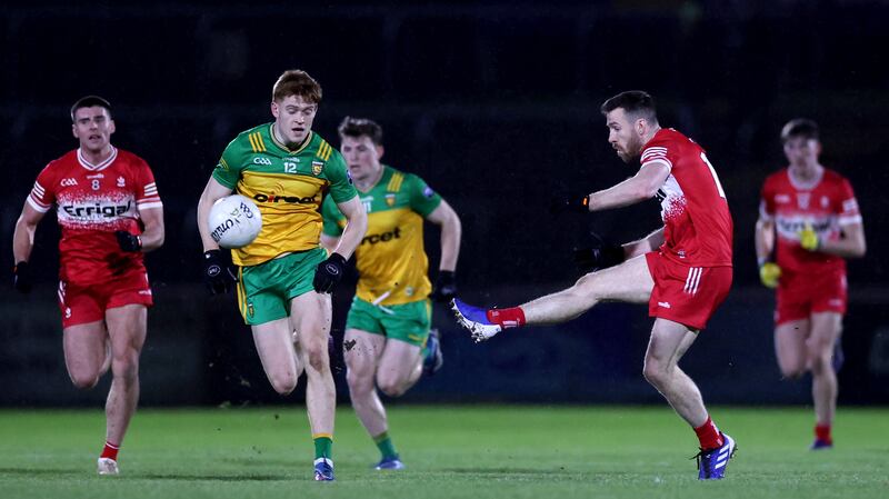 Donegal and Derry in action during this year's Bank of Ireland Dr. McKenna Cup Final in Omagh. Photograph: James Crombie/Inph0
