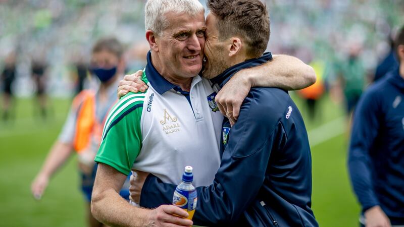 Limerick manager John Kiely celebrates after the All-Ireland SHC final at Croke Park on Sunday.  Photograph: Morgan Treacy/Inpho