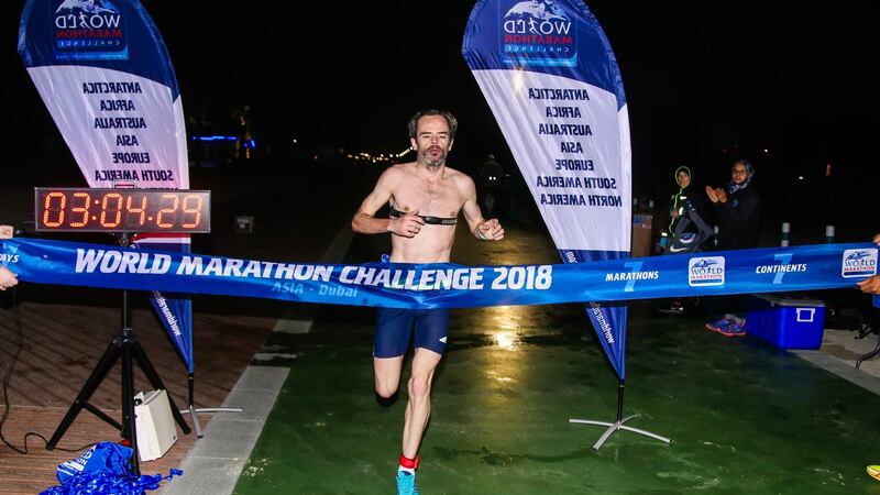 Gary Thornton finishes the Dubai marathon.