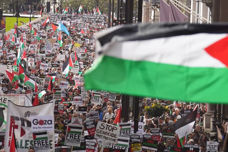 Protesters during a pro-Palestine march organised by Stop the War Coalition and Palestine Solidarity Campaign in central London on Saturday. Photograph: Stefan Rousseau/PA Wire