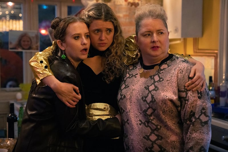 Extraordinary: Máiréad Tyers as Jen, Sofia Oxenham as Carrie and Siobhán McSweeney as Jen's mum. Photograph: Laura Radford/Disney+