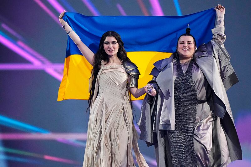 Alyona Alyona and Jerry Heil from Ukraine enter the stage during the opening ceremony of Eurovision final. Photograph: Martin Sylvest Andersen/Getty Images