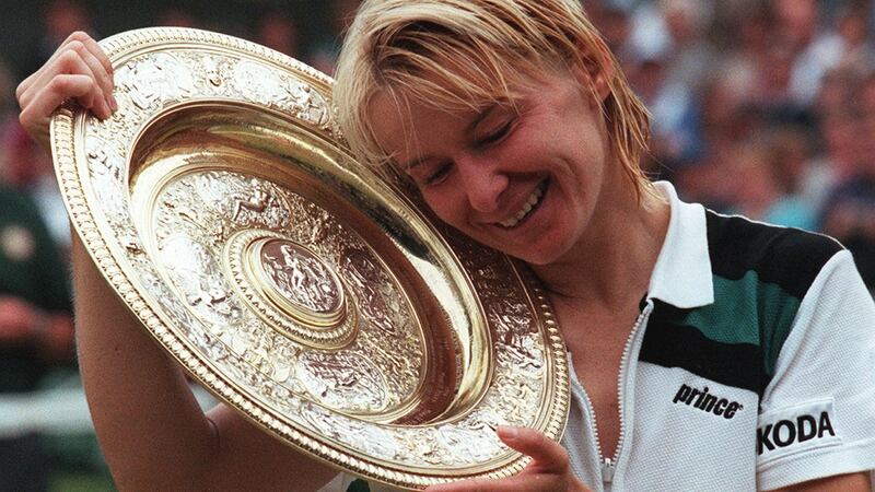 Jana Novotna: celebrates  her Wimbledon singles victory over Nathalie Tauziin in 1998. Photograph: Pascal Pavan/AFP/Getty Images