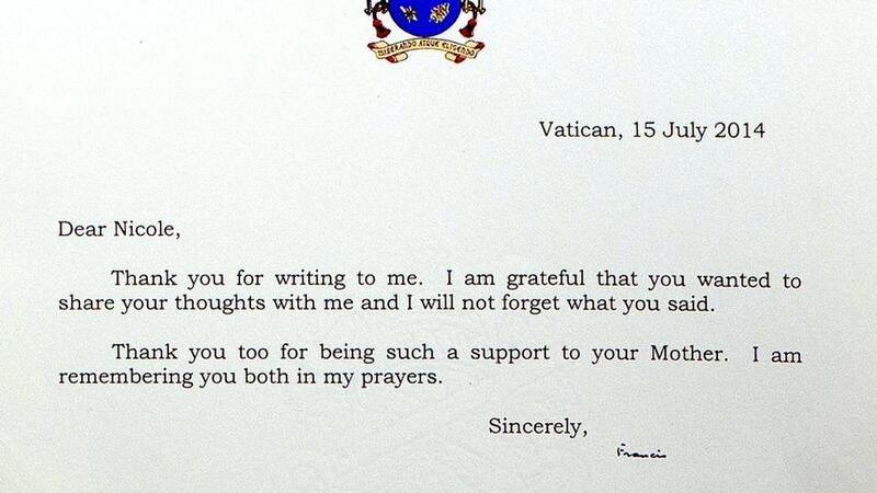 The letter that was sent to Nicole Kane from Pope Francis .Photograph: Thomas Nolan