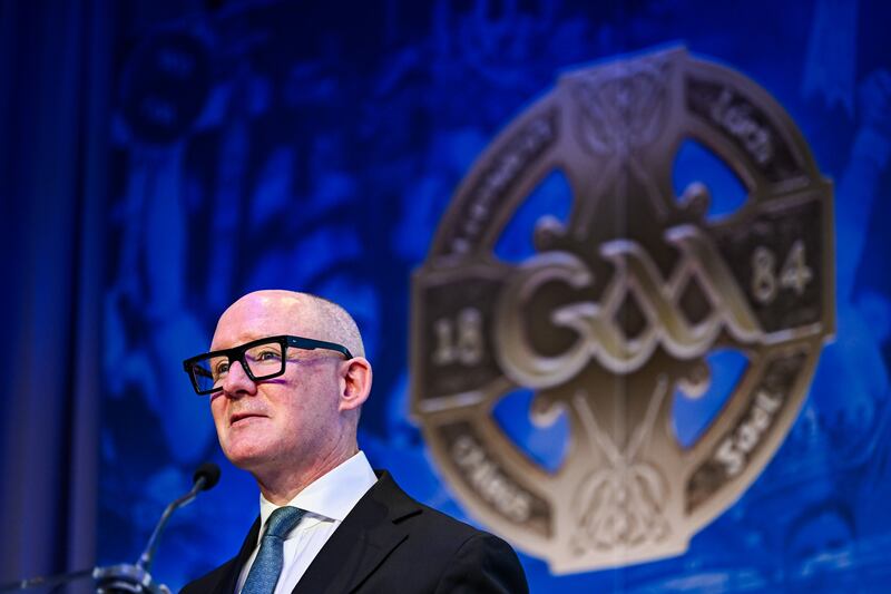 Football Review Committee chairperson Jim Gavin speaking during the GAA Special Congress 2024 at Croke Park. Photograph: Piaras Ó Mídheach/Sportsfile