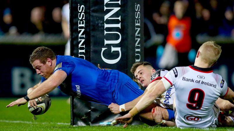 Sean Cronin dives the score the second of his two first-half tries against Ulster. Photograph: Tommy Dickson/Inpho