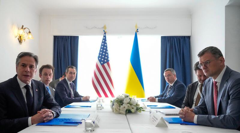 US secretary of state Antony Blinken and Ukraine's minister for foreign affairs Dmytro Kuleba at a bilateral meeting on the sidelines of the G7 meeting of foreign ministers in Capri, Italy. Photograph: Gregorio Borgia/AFP via Getty Images