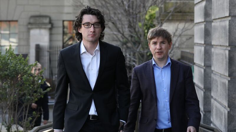 Former editor of the Sunday Business Post, Ian Kehoe, and former journalist with the Sunday Business Post, Tom Lyons  at the Four Courts. Photograph:  Collins Courts