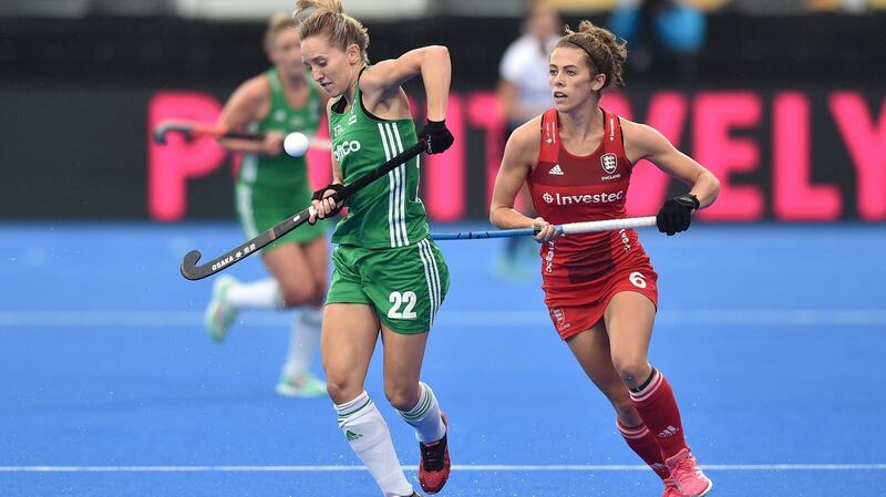 Ireland’s Nicci Daly and Anna Toman of England in action. Photograph: Joe Toth/Inpho