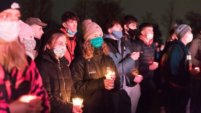 ‘All she ever wanted to do was to become a teacher, which she was born to do.’ Students and staff participate in the evening of remembrance for Ashling Murphy. Photograph: Eamon Ward