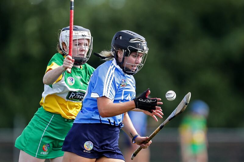 Dublin’s Aoibhe Dillon and Lisa Brady of Offaly during the All-Ireland Premier Junior Camogie Semi-final at Coralstown/Kinnegad GAA, Co Westmeath in 2018. Photograph: Laszlo Geczo/Inpho