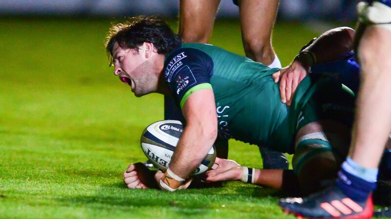 Connacht’s Conor Oliver scores a try against Cardiff. Photograph: Inpho