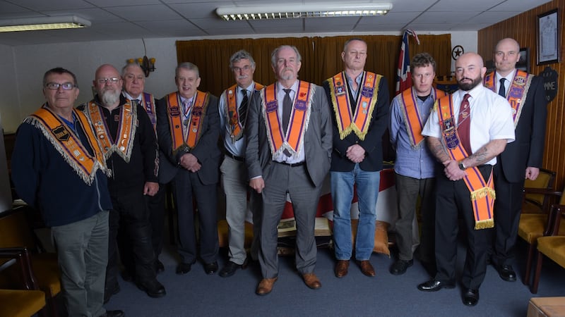 Dublin & Wicklow Orange Lodge: Grand Master Chris McGimpsey with fellow Orangemen at its Northumberland Road hall. Photograph: Bryan Meade