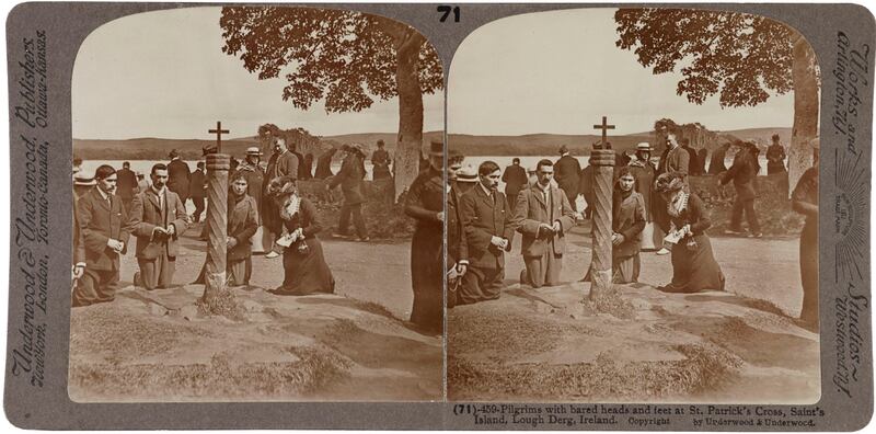 St Patrick’s Cross: pilgrims on Saint’s Island in Lough Derg. Station Island, nearby, is said to be the gateway to purgatory. Photograph: Underwood & Underwood/Library of Congress