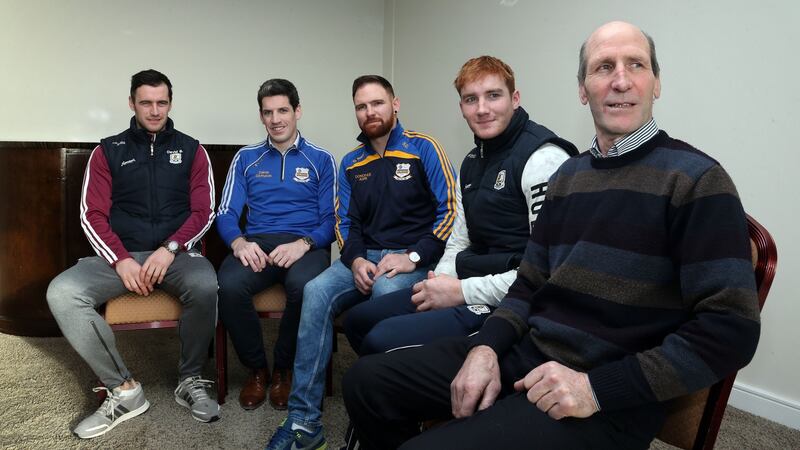 Galway captain David Burke, Kilbeacanty chairman Justin Fahy, Shane Donohue, brother of the late Niall Donohue, Galway hurler Conor Whelan, cousin of Niall, and Niall's father, Francis Donohue. Photograph: Joe O’Shaughnessy