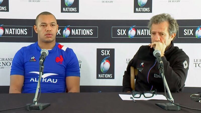 Gaël Fickou and Fabien Galthié face the media at the Six Nations launch. Photograph: Inpho