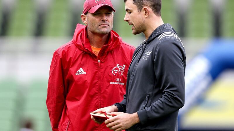 Munster defence coach Jacques Nienaber with Jones: “Crazy knowledge about the game – the most I’ve ever seen. I’ve learned a lot around the role of analysis as a coach,” says Jones. Photograph: Billy Stickland/Inpho