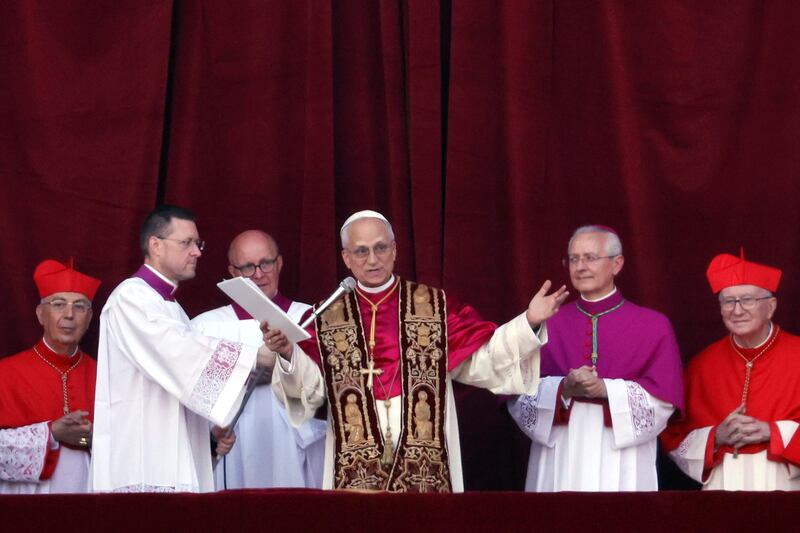 The newly elected pontiff, Pope Leo XIV is seen for the first time from the Vatican balcony. Photograph: Dan Kitwood/Getty Images