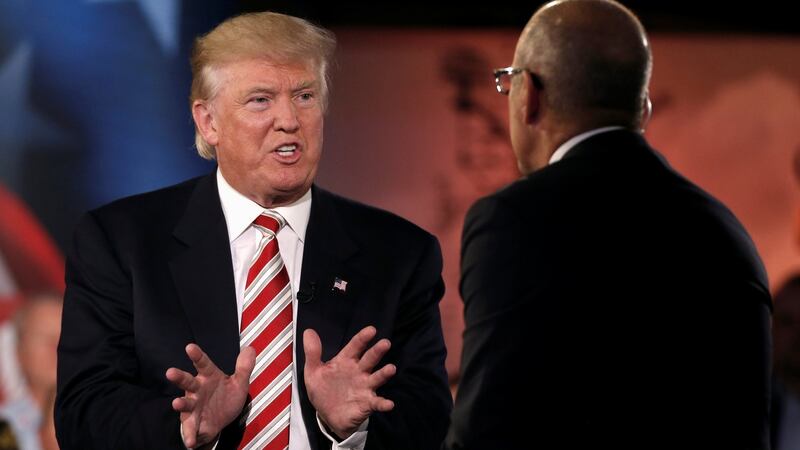 Republican presidential nominee Donald Trump speaks to Matt Lauer during the Commander-in-Chief Forum in Manhattan, New York. Photorgraph: Mike Segar/Reuters