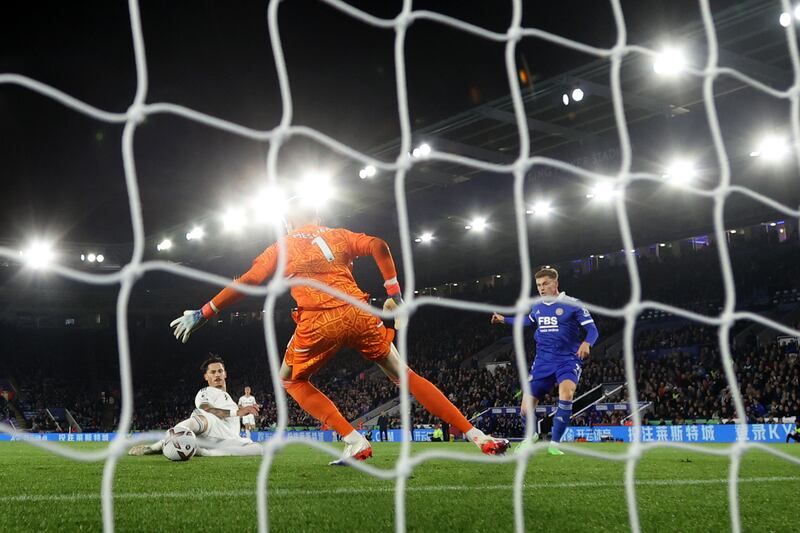 Leeds United's Robin Koch scores an own goal during the Premier League match against Leicester City at The King Power Stadium. Photograph: Eddie Keogh/Getty Images