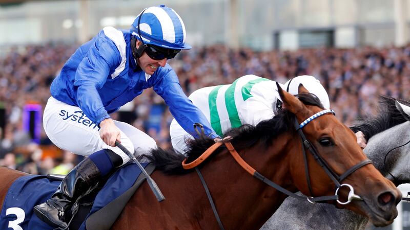 Eshaada ridden by jockey Jim Crowley (left) wins the Qipco British Champions Fillies & Mares Stakes with Albaflora ridden by Rossa Ryan second. Photo: Steven Paston/PA Wire