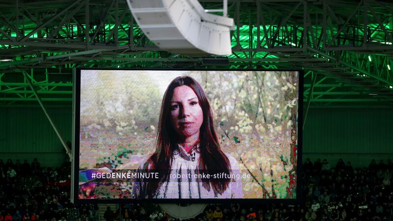Teresa Enke, widow of  Robert Enke, is seen on the video screen during a minute’s silence prior to Germany’s Euro 2020 qualifier against  Belarus  in Moenchengladbach in 2019. Photograph: Christof Koepsel/Bongarts/Getty Images