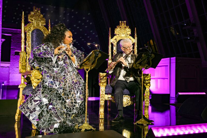Lizzo and Irish flute player James Galway perform onstage during the 2023 Met Gala celebrating Karl Lagerfeld: A Line Of Beauty at Metropolitan Museum of Art  in New York City. Photograph: Kevin Mazur/MG23/Getty Images